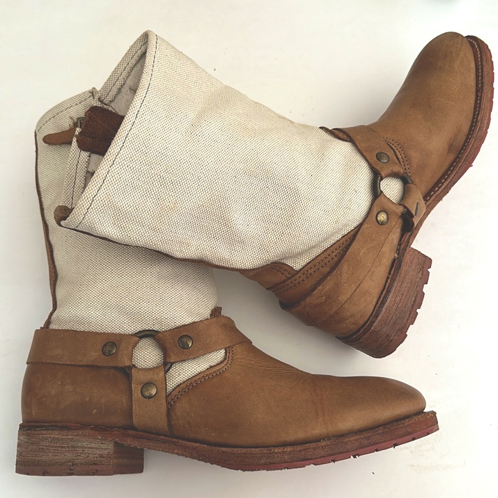 Vintage America USA leather harness boots, canvas tops by Vintage shoe company